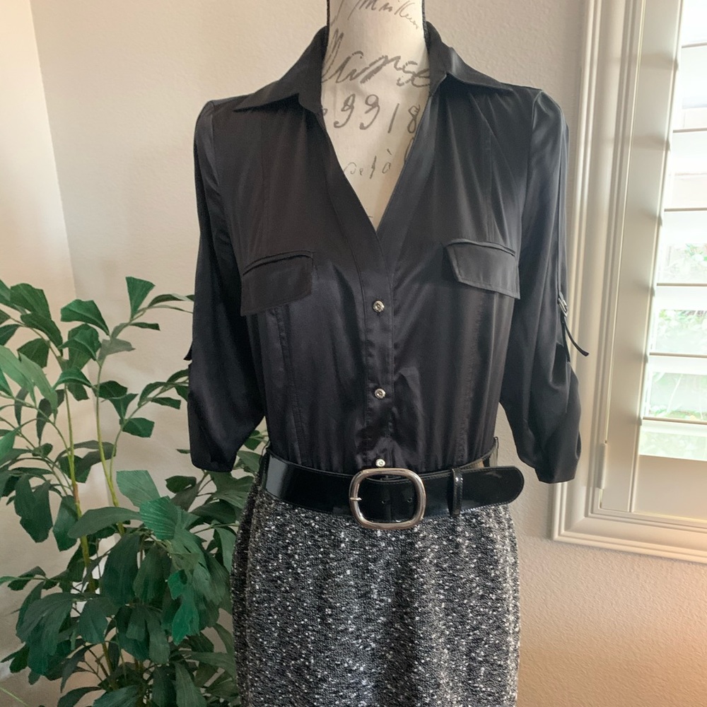 WhiteHouseBlackMarket silky top and wool skirt